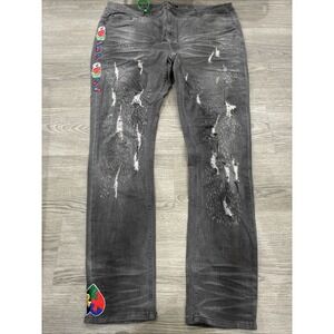 Custom Mens Serenade Gray Distressed Denim Jean With Embroidered Pants Leg Sz 40